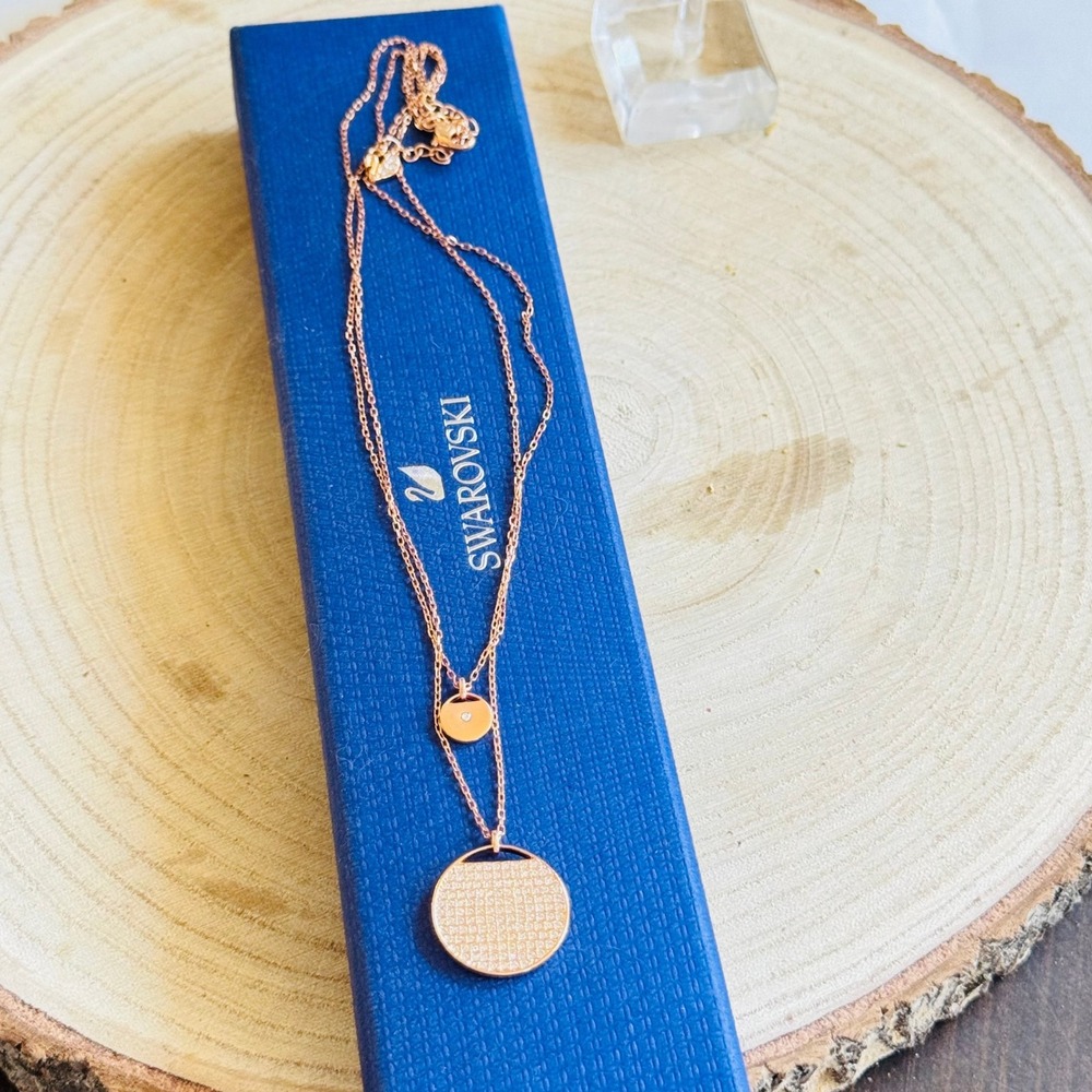 Swarovski Ginger Layered necklace Signed Swan rose gold rhinestone Jeweled 16"